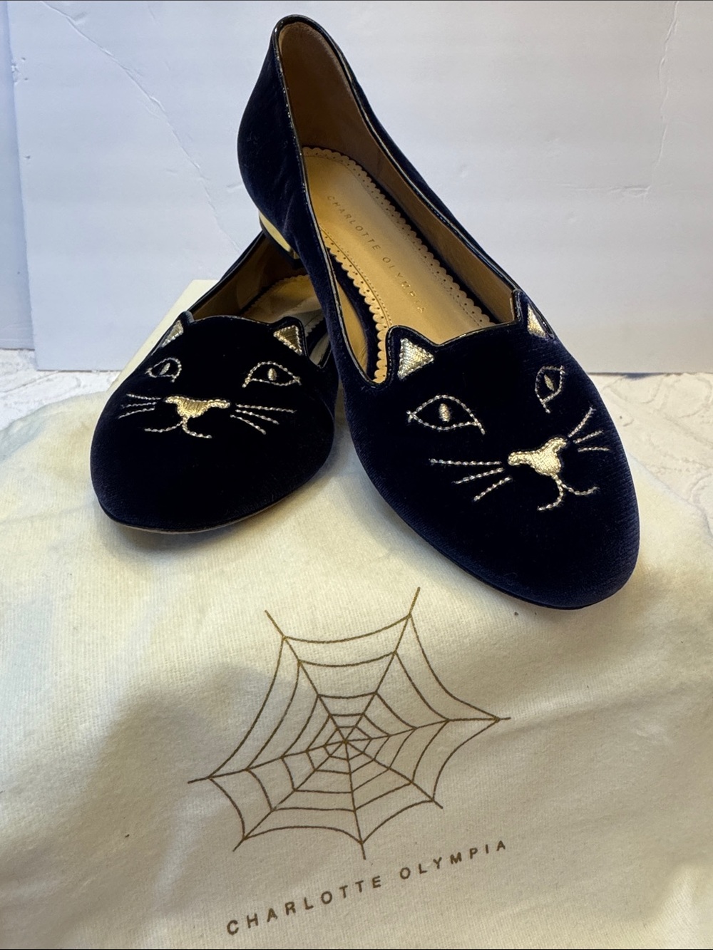 Charlotte Olympia Black Velvet Cat Face Loafers